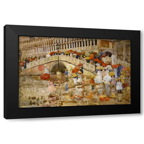 Umbrellas In The Rain Venice Black Modern Wood Framed Art Print by Prendergast, Maurice Brazil
