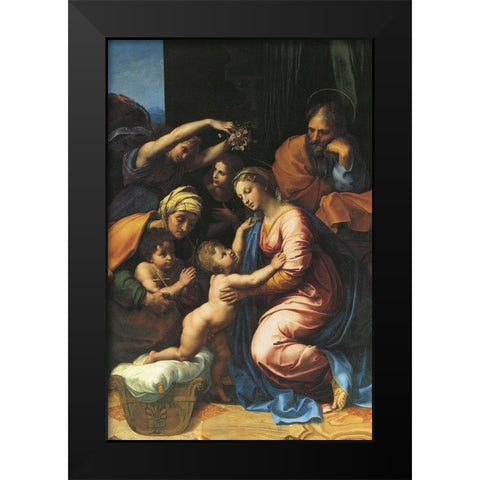 Holy Family With Sts Elizabeth And John And Two Angels Black Modern Wood Framed Art Print by Raphael