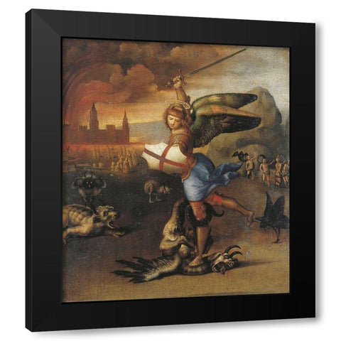 St Michael And The Devil Black Modern Wood Framed Art Print with Double Matting by Raphael