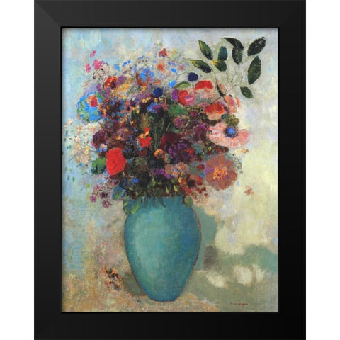 Flowers In A Turquoise Vase Black Modern Wood Framed Art Print by Redon, Odilion