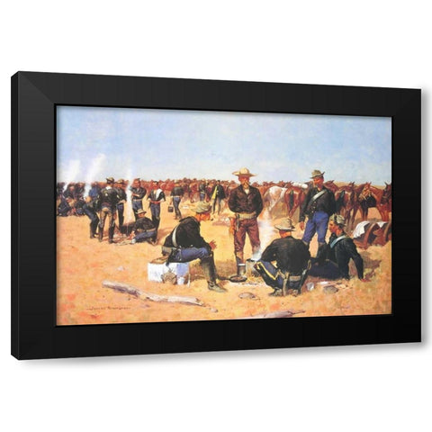 A Cavalrymans Breakfast On The Plains Black Modern Wood Framed Art Print by Remington, Frederic