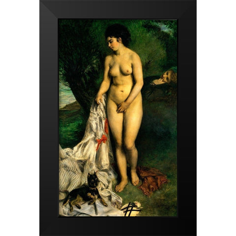 Bather With Griffon Black Modern Wood Framed Art Print by Renoir, Pierre-Auguste
