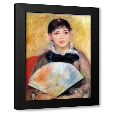 Girl With Fan Black Modern Wood Framed Art Print by Renoir, Pierre-Auguste