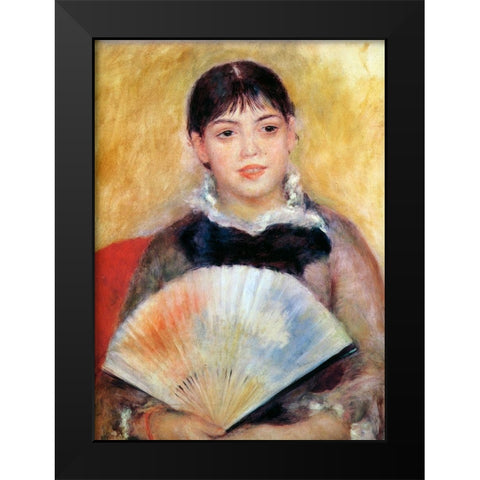 Girl With Fan Black Modern Wood Framed Art Print by Renoir, Pierre-Auguste