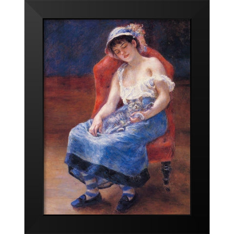 Sleeping Girl With Cat Black Modern Wood Framed Art Print by Renoir, Pierre-Auguste