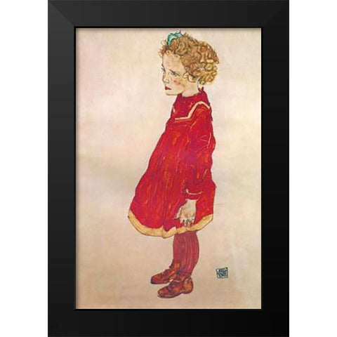Little Girl With Blond Hair In Red Dress Black Modern Wood Framed Art Print by Schiele, Egon