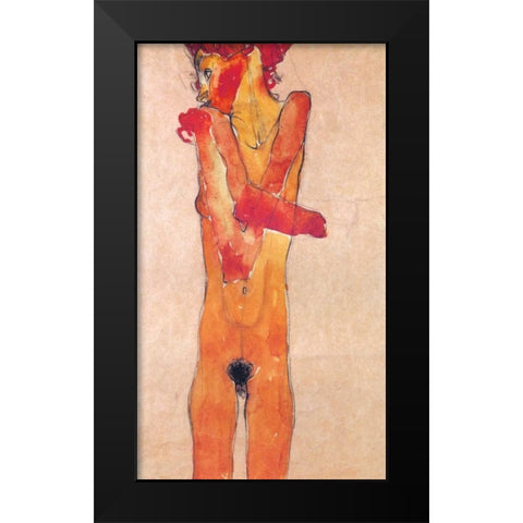 Nude Girl With Folded Arms Black Modern Wood Framed Art Print by Schiele, Egon