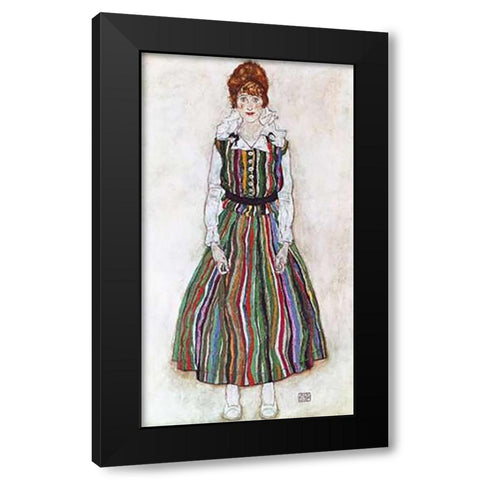 Portrait Of The Artists Wife Standing Black Modern Wood Framed Art Print with Double Matting by Schiele, Egon