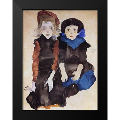 Two Little Girls Black Modern Wood Framed Art Print by Schiele, Egon