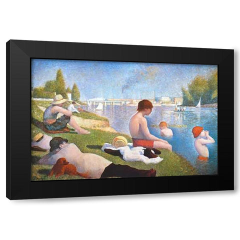 Bathing At Asnieres Black Modern Wood Framed Art Print with Double Matting by Seurat, Georges
