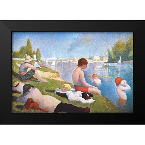 Bathing At Asnieres Black Modern Wood Framed Art Print by Seurat, Georges