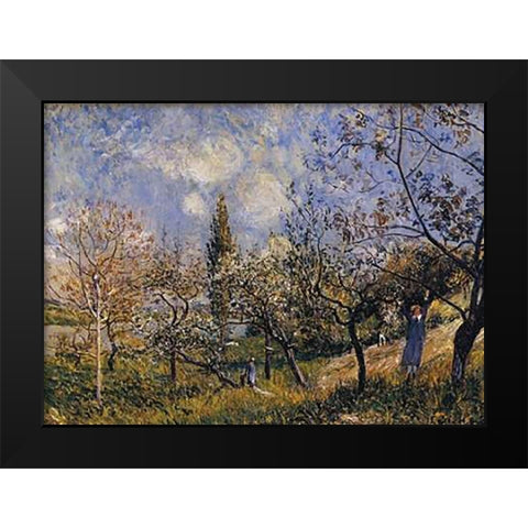 Orchard In The Spring Black Modern Wood Framed Art Print by Sisley, Alfred