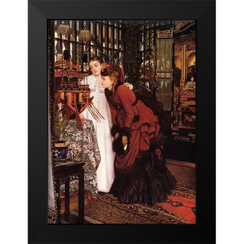 Ladies Looking At Japanese Objects Black Modern Wood Framed Art Print by Tissot, James
