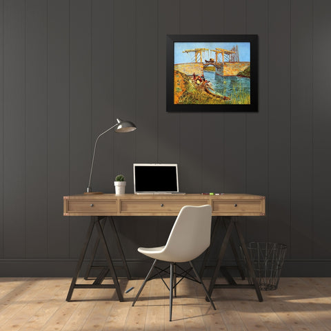 Langlois Bridge Women Washing Black Modern Wood Framed Art Print by Van Gogh, Vincent