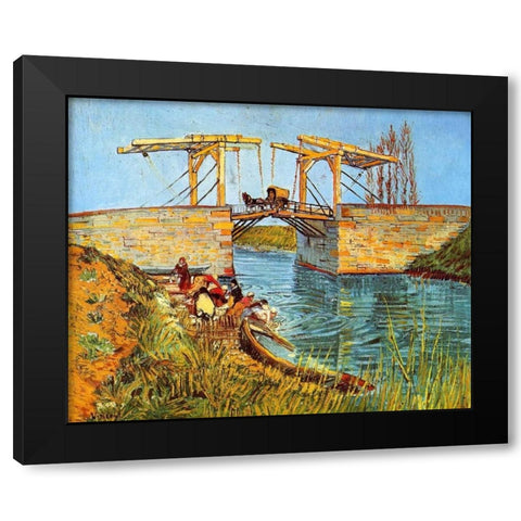 Langlois Bridge Women Washing Black Modern Wood Framed Art Print by Van Gogh, Vincent