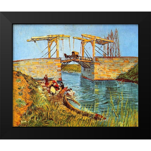 Langlois Bridge Women Washing Black Modern Wood Framed Art Print by Van Gogh, Vincent