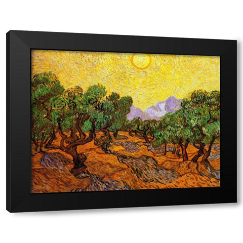 Olive Trees With Yellow Sky And Sun Black Modern Wood Framed Art Print with Double Matting by Van Gogh, Vincent