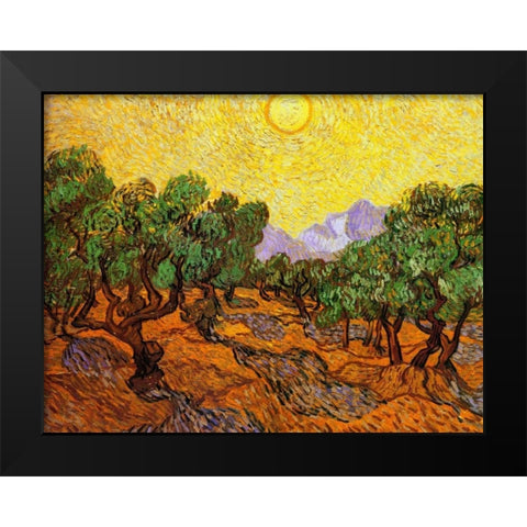 Olive Trees With Yellow Sky And Sun Black Modern Wood Framed Art Print by Van Gogh, Vincent