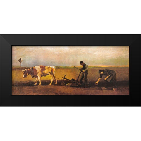 Potato Planting Black Modern Wood Framed Art Print by Van Gogh, Vincent
