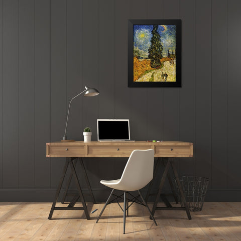 Road Cypress And Star Black Modern Wood Framed Art Print by Van Gogh, Vincent