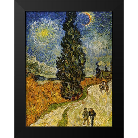 Road Cypress And Star Black Modern Wood Framed Art Print by Van Gogh, Vincent