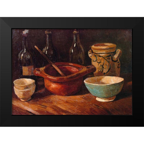 Still Life Earthenware And Bottles Black Modern Wood Framed Art Print by Van Gogh, Vincent