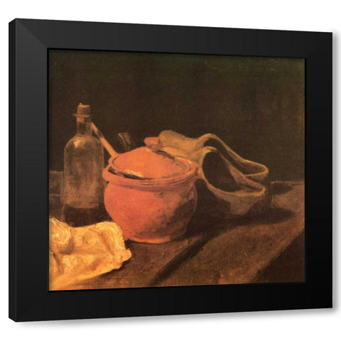 Still Life Earthenware Bottle And Clogs Black Modern Wood Framed Art Print by Van Gogh, Vincent