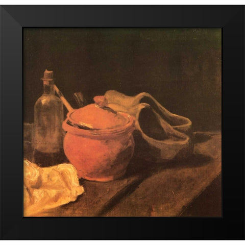 Still Life Earthenware Bottle And Clogs Black Modern Wood Framed Art Print by Van Gogh, Vincent