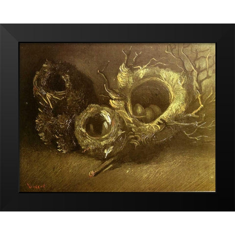Still Life With Three Birds Nests Black Modern Wood Framed Art Print by Van Gogh, Vincent