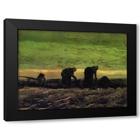 Two Peasant Women In Peat Field Black Modern Wood Framed Art Print with Double Matting by Van Gogh, Vincent