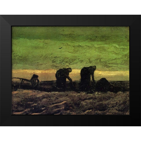 Two Peasant Women In Peat Field Black Modern Wood Framed Art Print by Van Gogh, Vincent