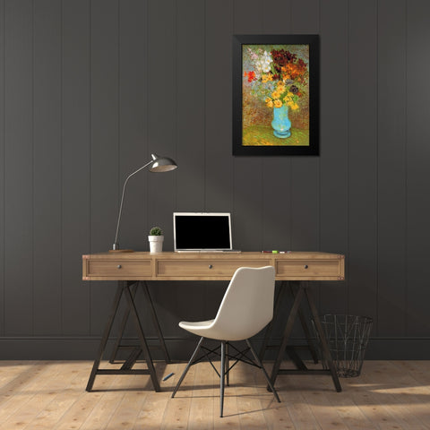 Vase Daisies And Anemones Black Modern Wood Framed Art Print by Van Gogh, Vincent