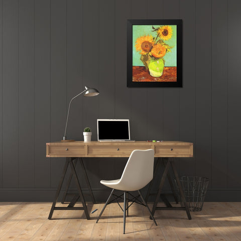 Vase With Three Sunflowers Black Modern Wood Framed Art Print by Van Gogh, Vincent