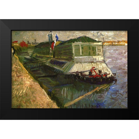 Bathing Float On Seine Black Modern Wood Framed Art Print by Van Gogh, Vincent