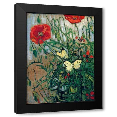 Butterflies And Poppies Black Modern Wood Framed Art Print with Double Matting by Van Gogh, Vincent