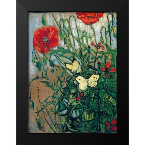 Butterflies And Poppies Black Modern Wood Framed Art Print by Van Gogh, Vincent