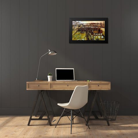 Carpenter Workshop Seen From The Artists Studio Black Modern Wood Framed Art Print by Van Gogh, Vincent