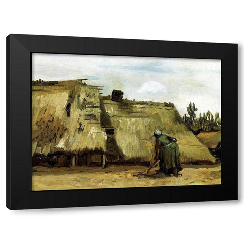 Cottage With Woman Digging Black Modern Wood Framed Art Print with Double Matting by Van Gogh, Vincent