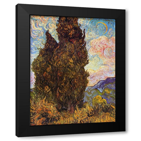 Cypresses Black Modern Wood Framed Art Print with Double Matting by Van Gogh, Vincent