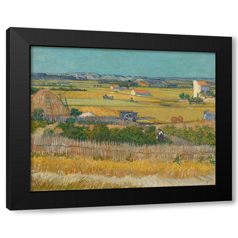 Harvest At La Crau And Montmajour Black Modern Wood Framed Art Print with Double Matting by Van Gogh, Vincent