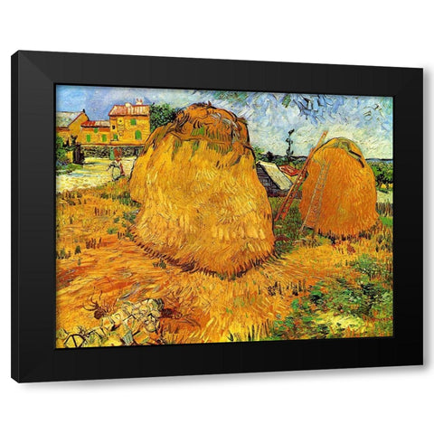 Haystacks In Provence Black Modern Wood Framed Art Print with Double Matting by Van Gogh, Vincent