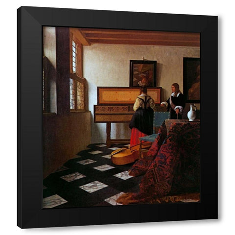 Lady At The Virginals With A Gentleman Black Modern Wood Framed Art Print by Vermeer, Johannes