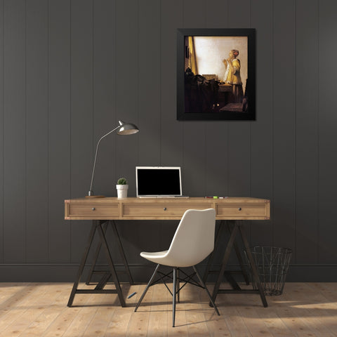 Woman With A Pearl Necklace Black Modern Wood Framed Art Print by Vermeer, Johannes