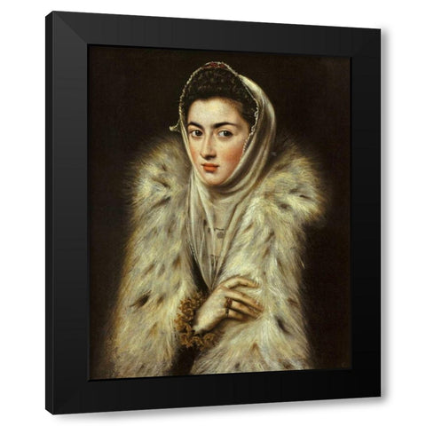 A Lady In A Fur Wrap Black Modern Wood Framed Art Print by El Greco