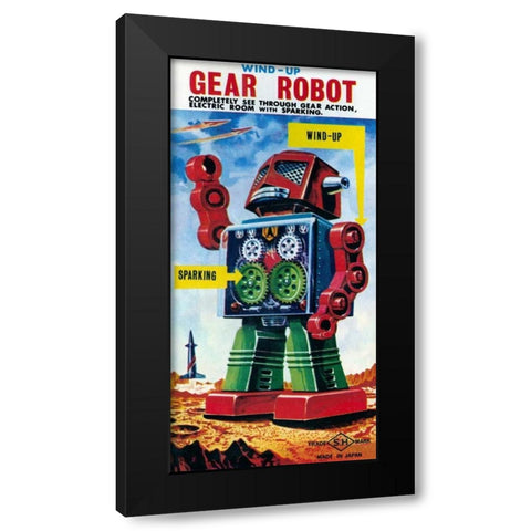 Wind-up Gear Robot Black Modern Wood Framed Art Print by Retrobot