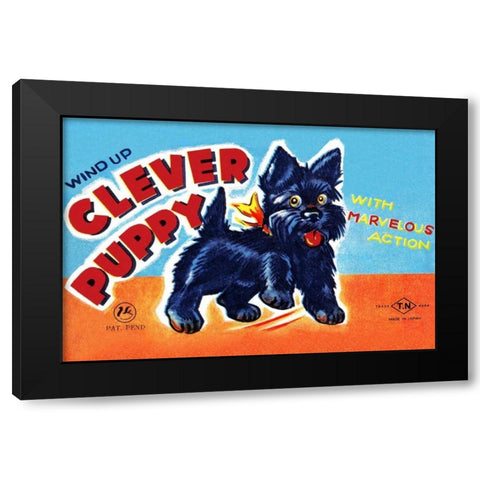 Wind Up Clever Puppy Black Modern Wood Framed Art Print with Double Matting by Retrobot