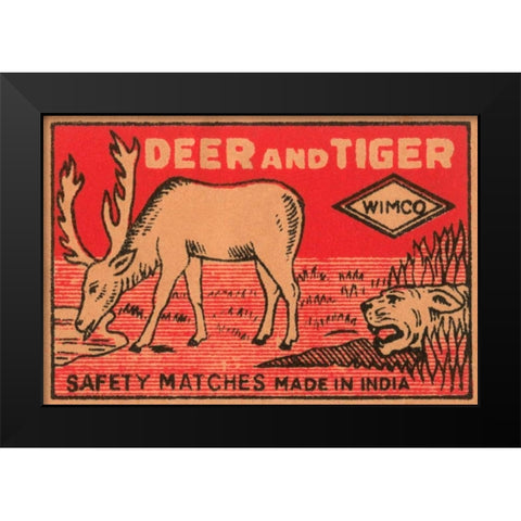 Deer and Tiger Safety Matches Black Modern Wood Framed Art Print by Phillumenart