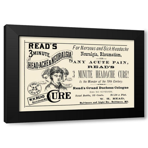 Reads 3 minute Head-Ache and Neuralgia Cure Black Modern Wood Framed Art Print with Double Matting by Advertisement