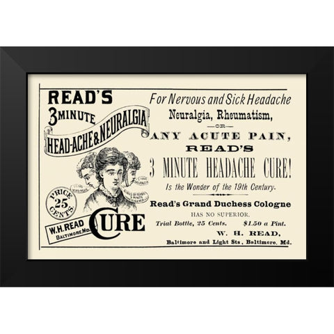 Reads 3 minute Head-Ache and Neuralgia Cure Black Modern Wood Framed Art Print by Advertisement