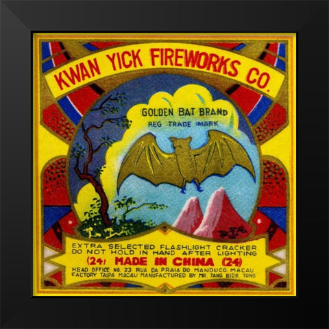 Kwan Yick Fireworks Co. Golden Bat Brand Black Modern Wood Framed Art Print by Unknown
